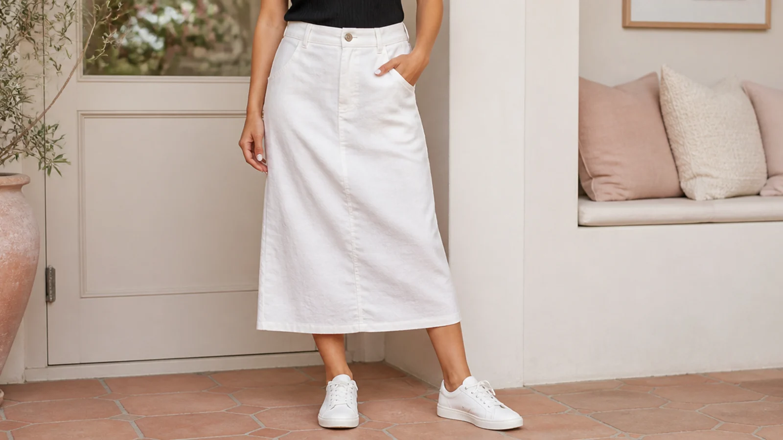 Faceless waist-down shot of a white midi skirt with a fitted black tank tucked in and clean white sneakers