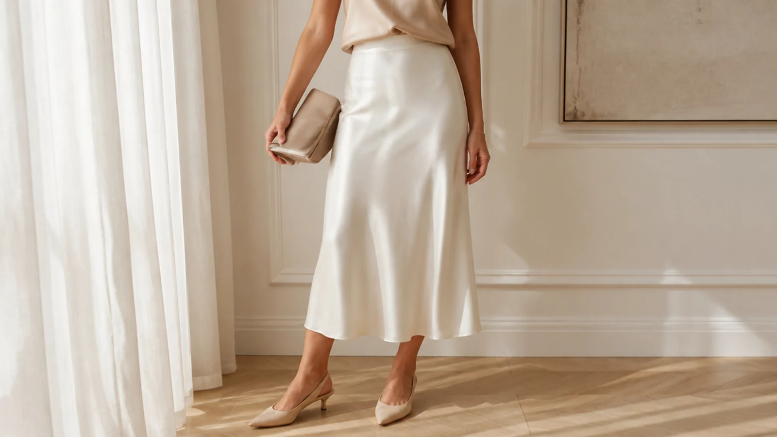 Faceless waist-down shot of a white satin midi skirt with a champagne silk cami and kitten-heel slingbacks