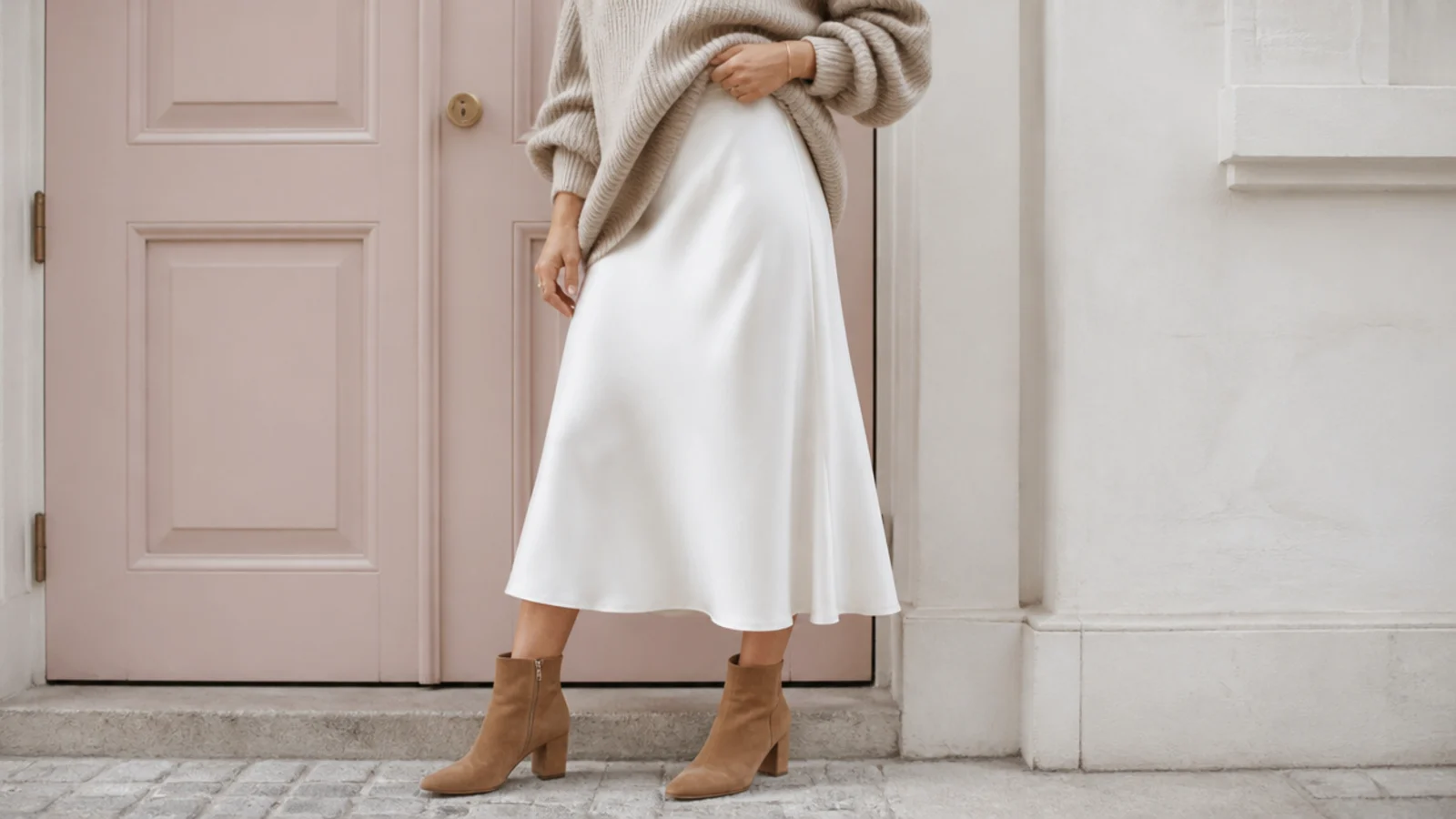 Faceless waist-down shot of a white midi skirt with an oatmeal oversized knit and tan ankle boots