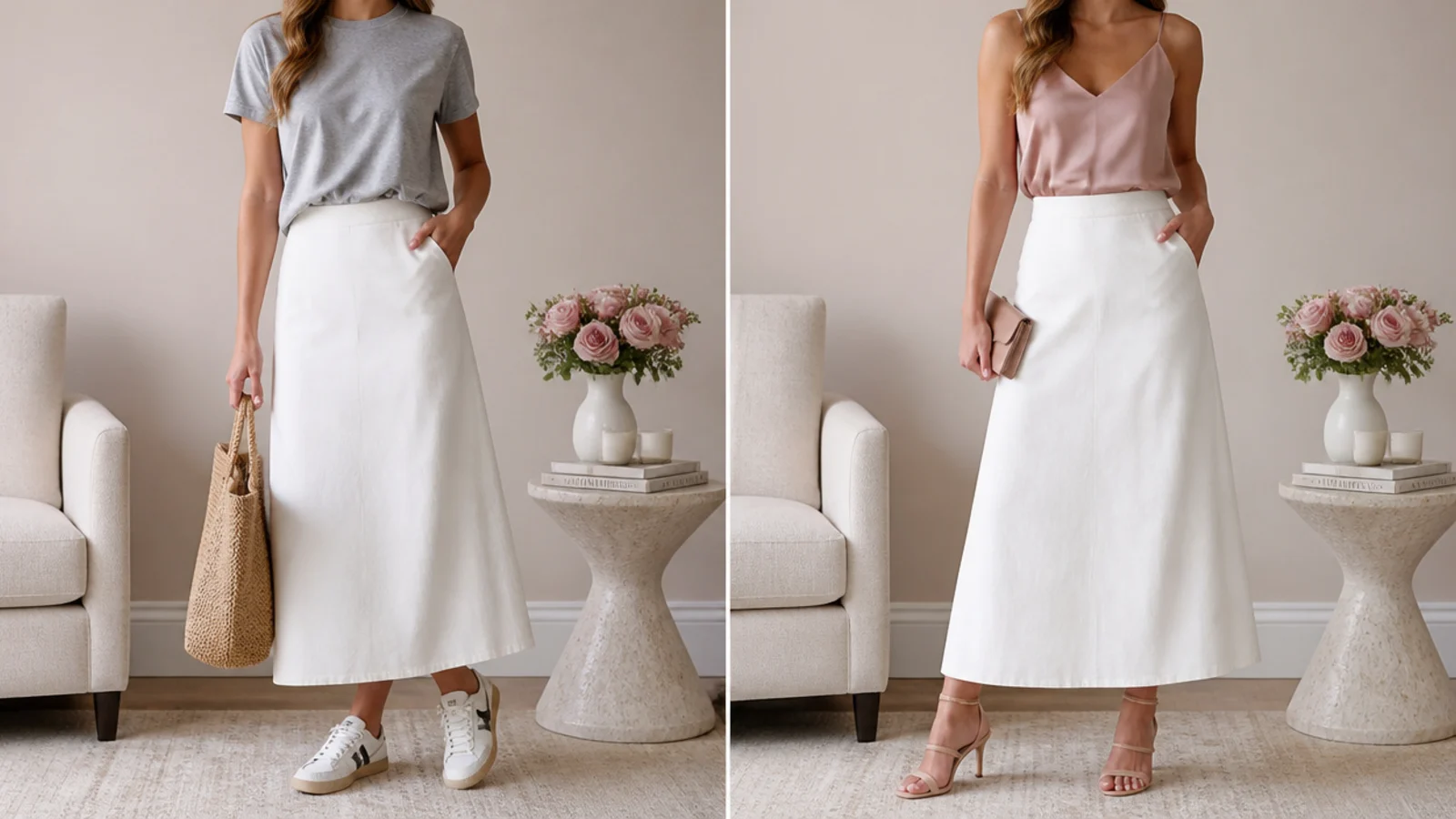 Faceless side-by-side of a white skirt styled casually with a tee and sneakers and dressed up with a cami and heels