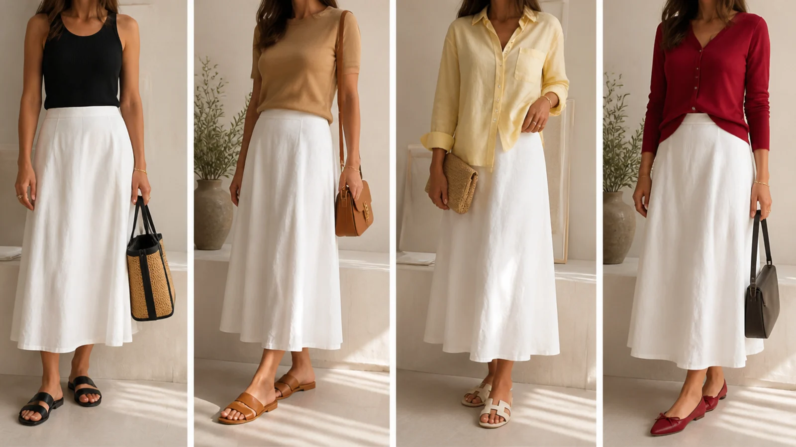 Faceless flat lay of a white skirt paired with black, camel, butter yellow and cranberry tops