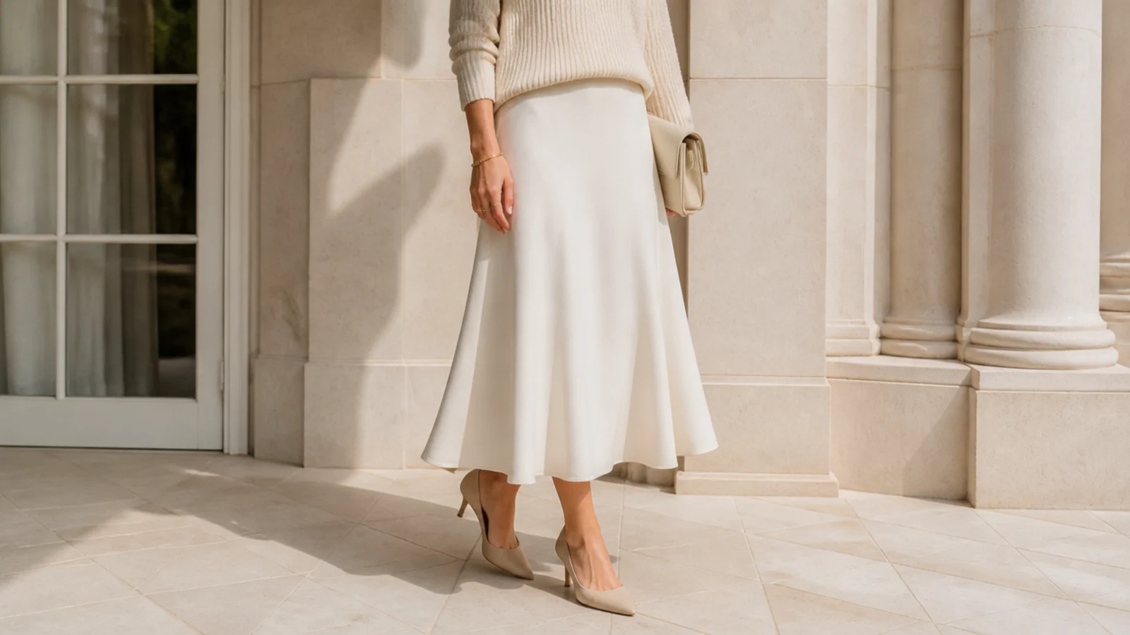 Faceless waist-down shot of a white midi skirt with a cream knit and gold jewelry for an expensive monochrome look