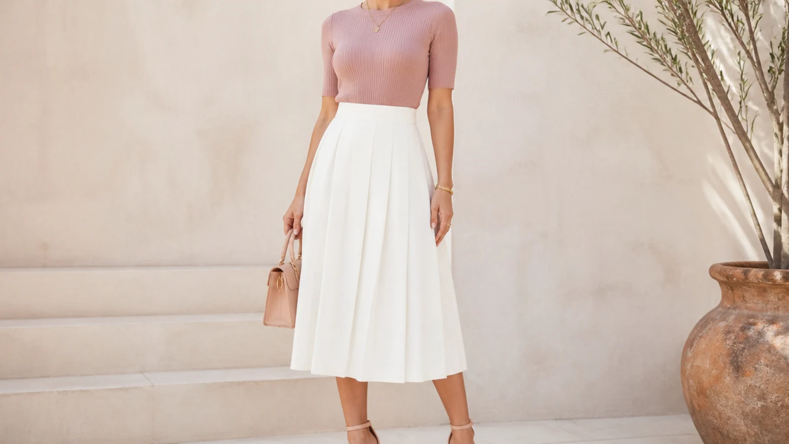 Faceless white skirt outfit with a fitted top tucked into a high-waisted white midi skirt