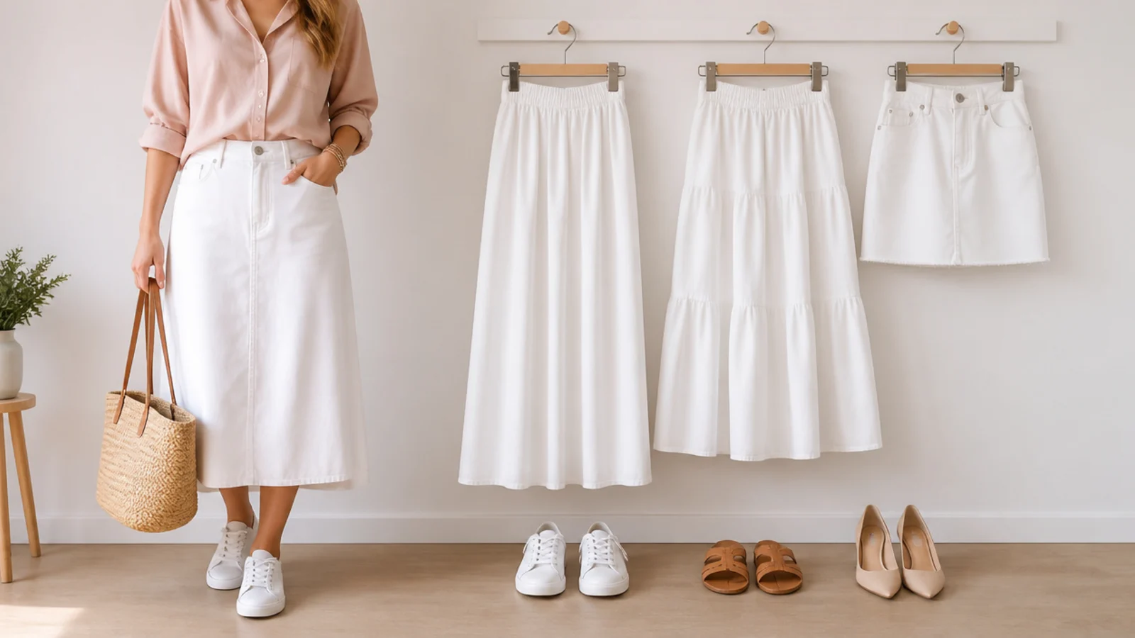 Faceless flat lay of white sneakers, tan flat sandals and pointed pumps beside white skirts of different lengths
