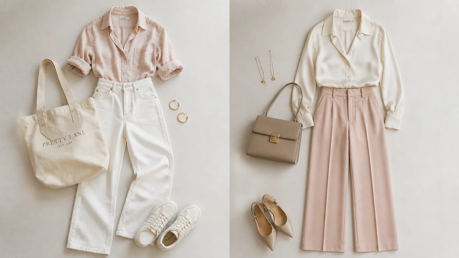 Faceless flat lay comparing a canvas tote and gold hoops against a structured bag and delicate jewelry