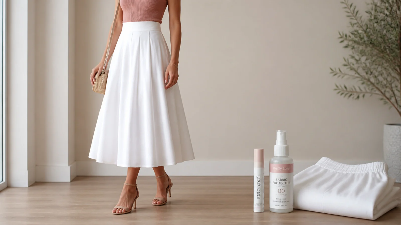Faceless shot of a stain pen and a fabric protector spray beside a folded white skirt