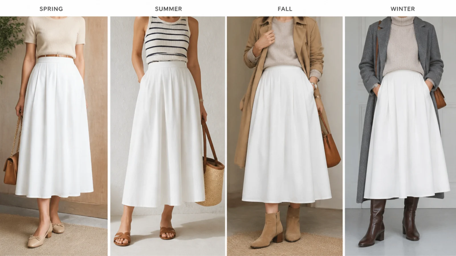 Faceless four-panel flat lay of white skirt outfits for spring, summer, fall and winter