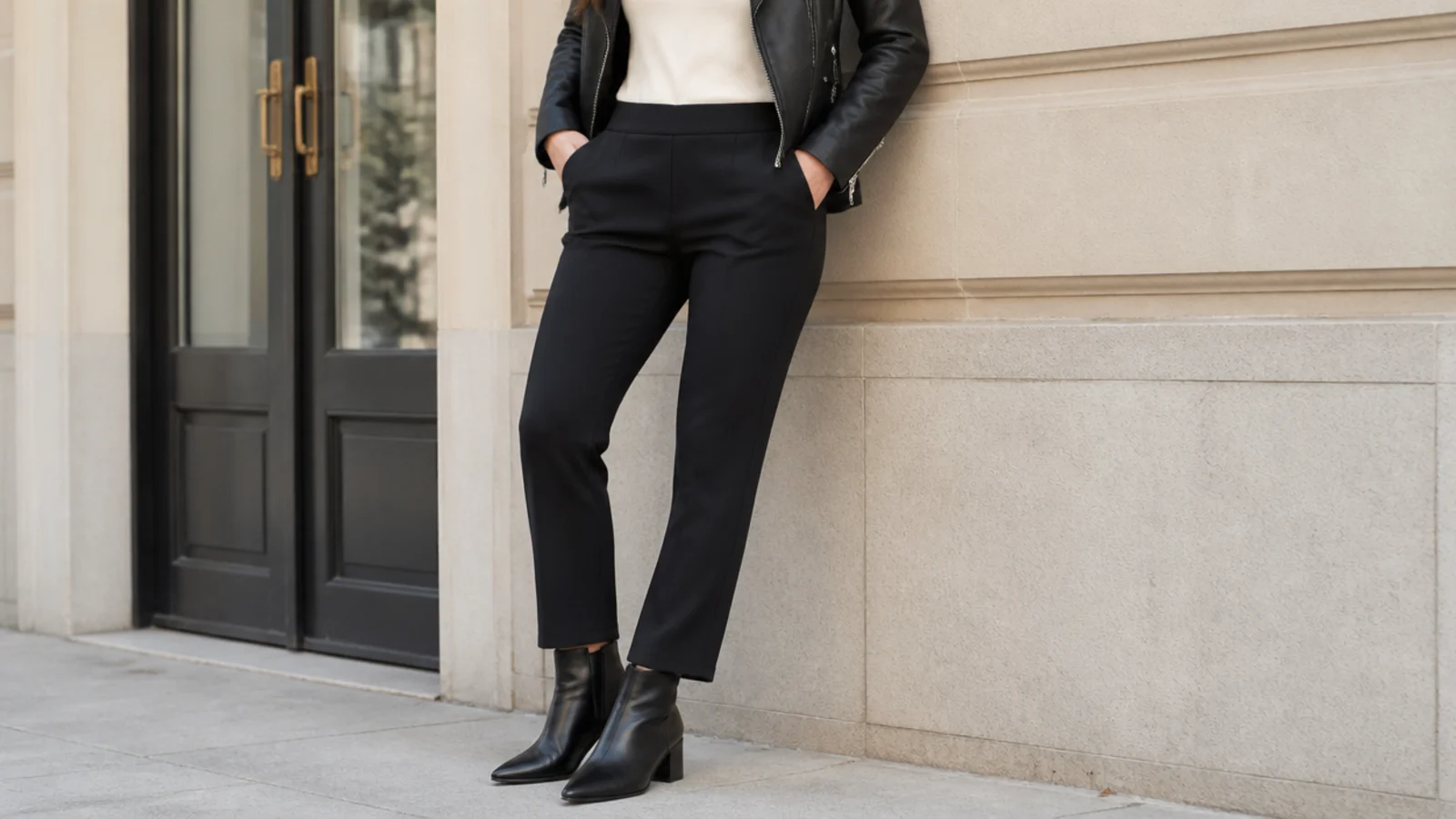 Faceless waist-down shot of matte black ponte trousers with a black leather moto jacket and boots