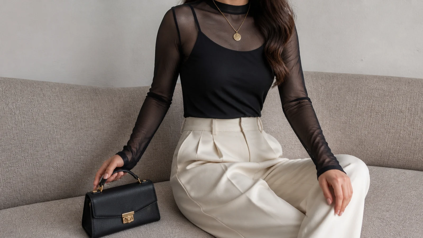 Faceless waist-up shot of a sheer black mesh long-sleeve top layered over an opaque black cami