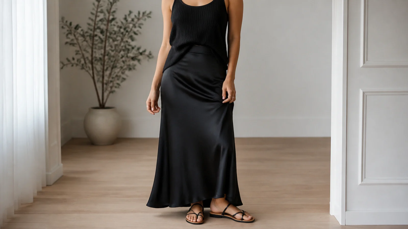 Faceless shot of a black ribbed knit tank half-tucked into a black bias-cut satin slip skirt