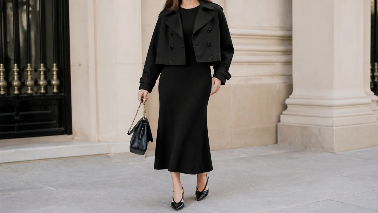 Faceless shot of a structured black cropped trench coat layered over a fluid black knit midi dress