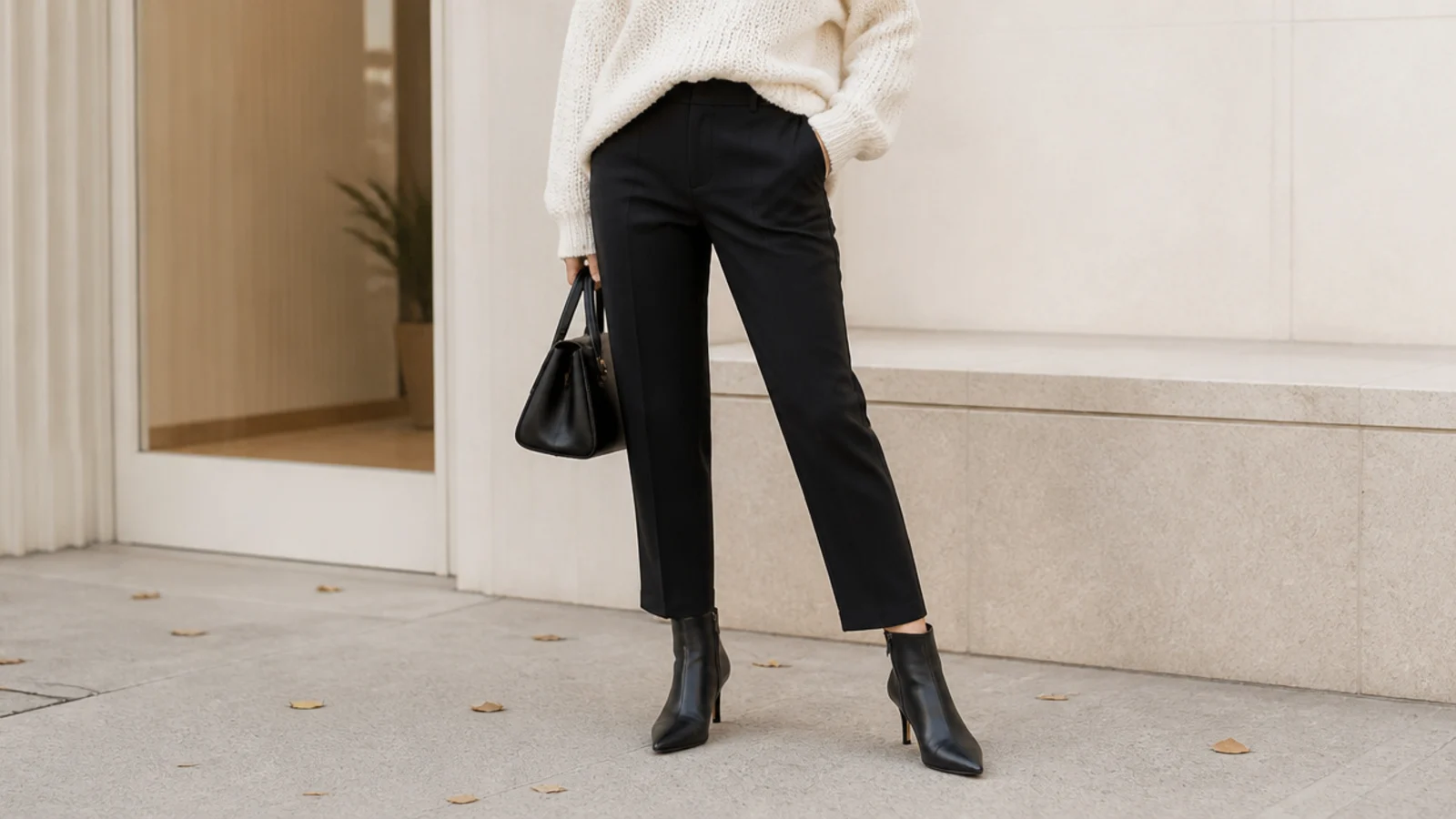 Faceless waist-down shot of cropped black trousers with pointed-toe black ankle boots extending the leg line