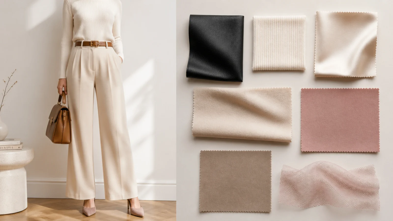 Faceless flat-lay of black leather, ribbed knit, satin, wool crepe, suede and mesh fabric swatches