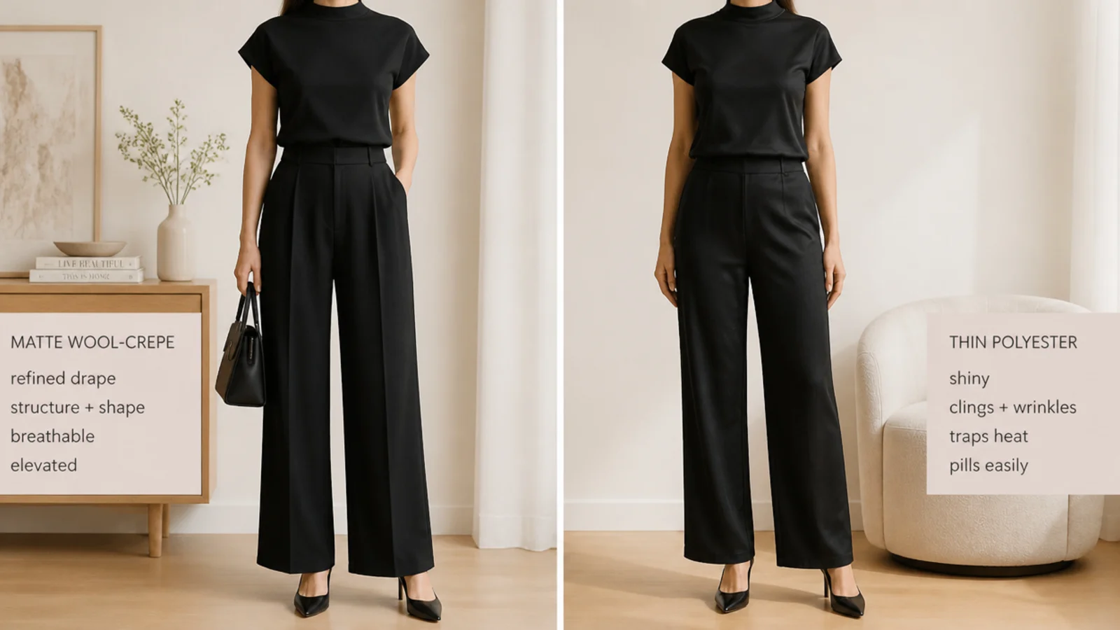 Faceless comparison of a matte wool-crepe black outfit beside a thin shiny pilled polyester black outfit