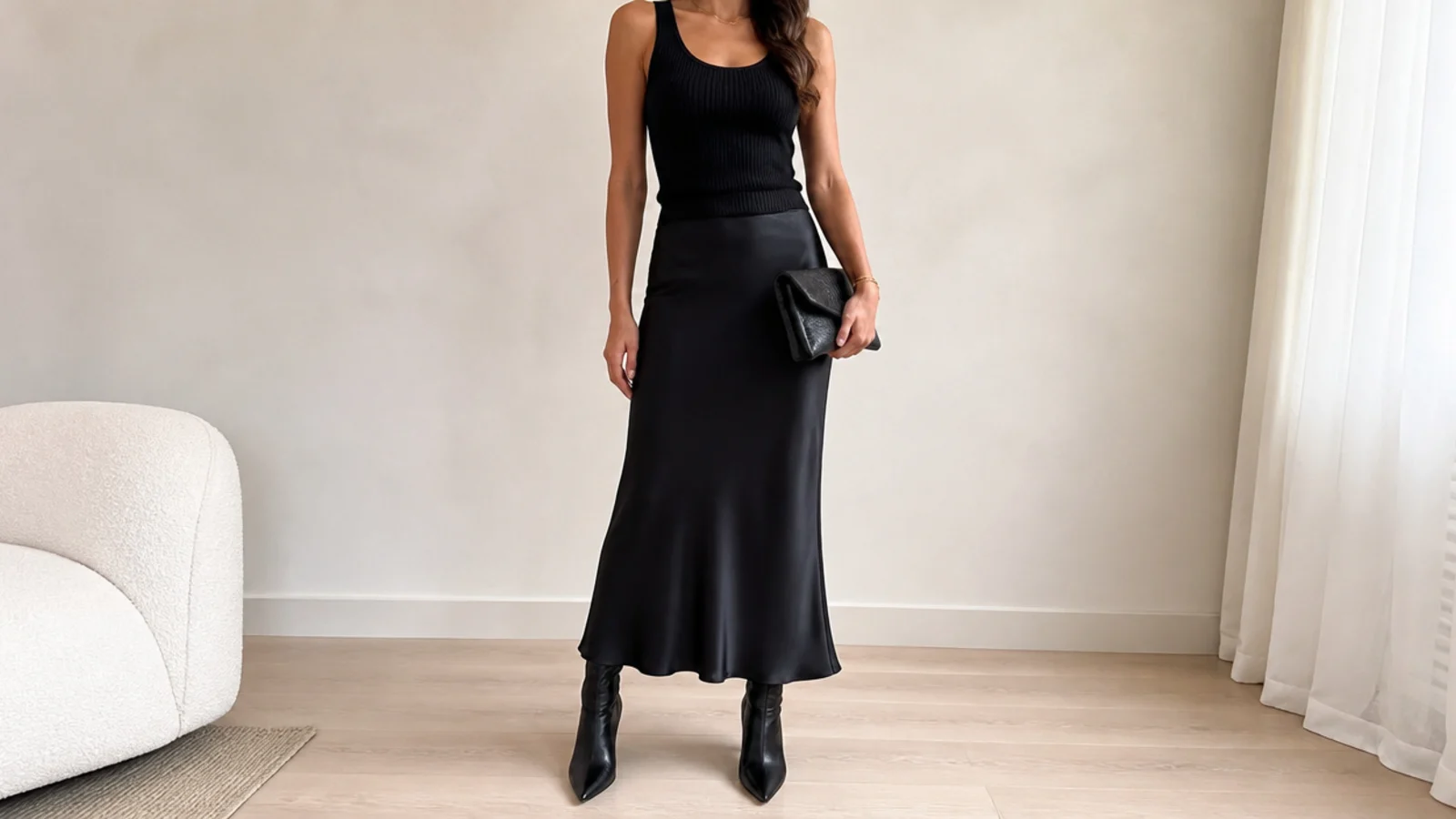 Faceless all-black outfit mixing a ribbed knit tank, a satin slip skirt and pointed black boots