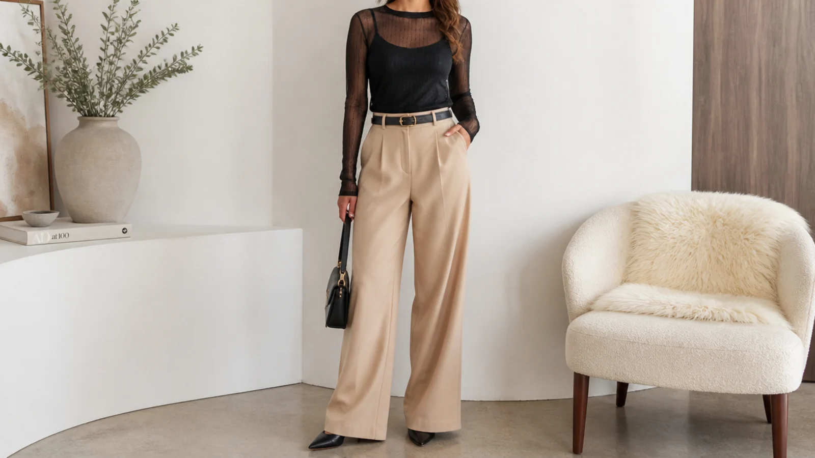 Faceless waist-up shot of a sheer black mesh top layered over an opaque black cami for depth
