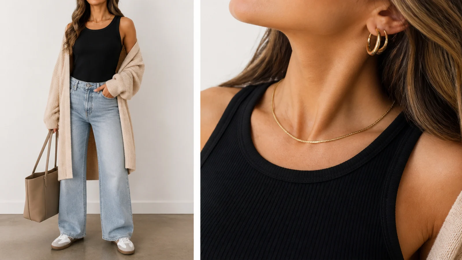 Faceless close-up of gold hoops and a fine gold chain glowing against a plain black ribbed tank