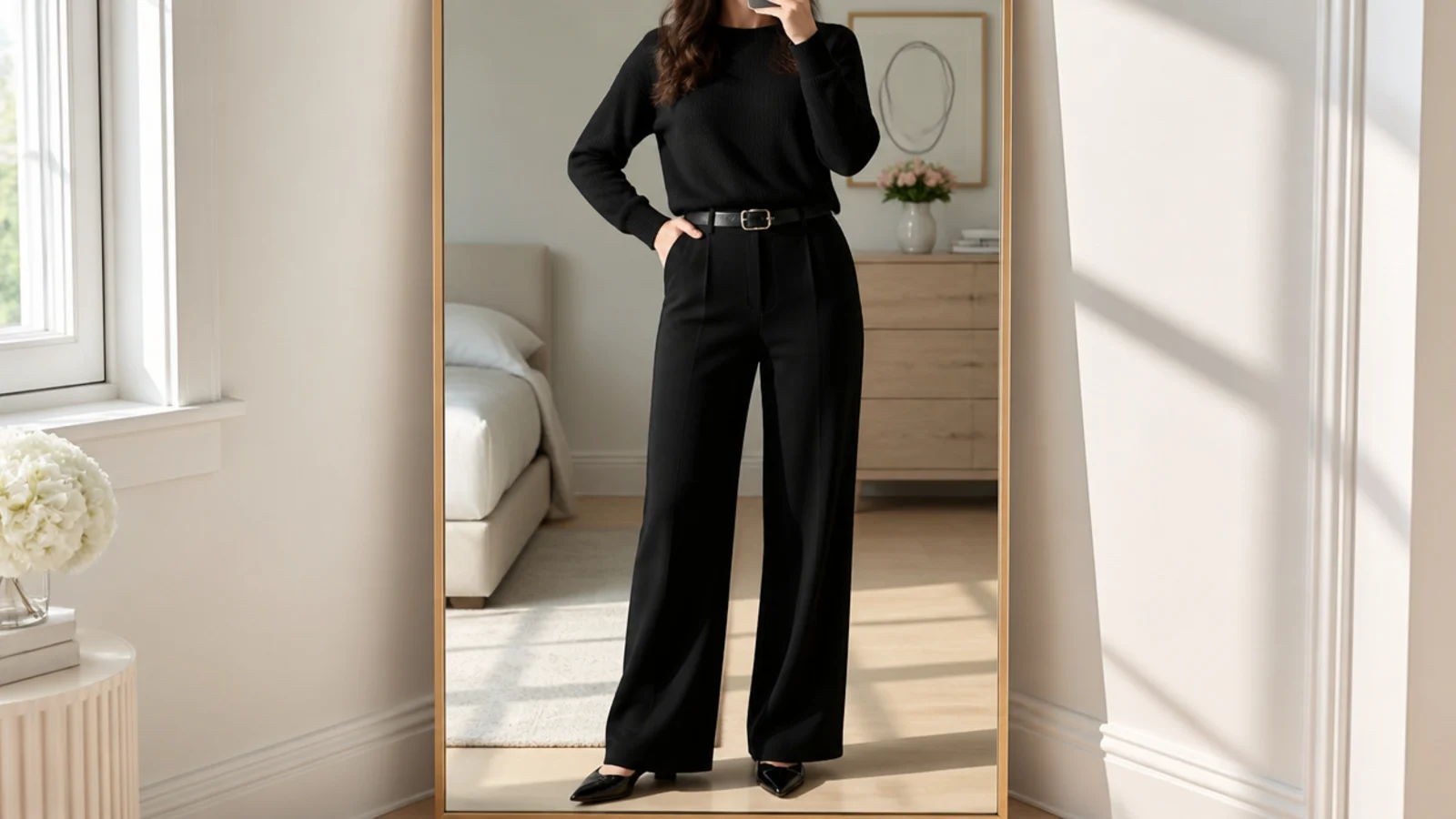 Faceless full-length mirror shot checking an all-black outfit for shade match and lint in daylight