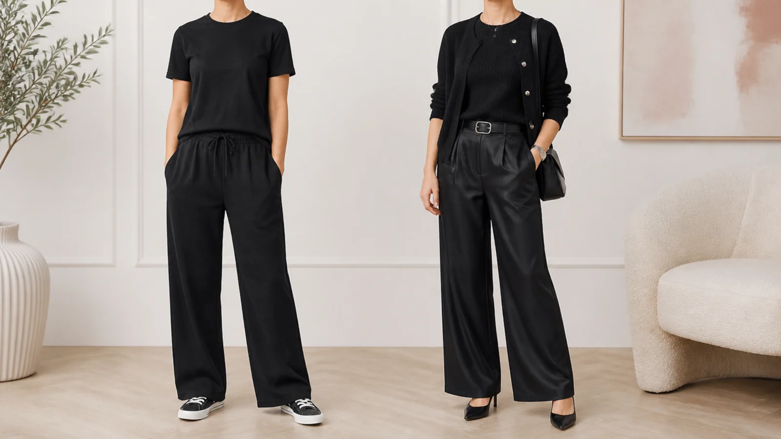 Faceless comparison of a flat all-cotton black outfit beside a mixed-texture all-black outfit with depth