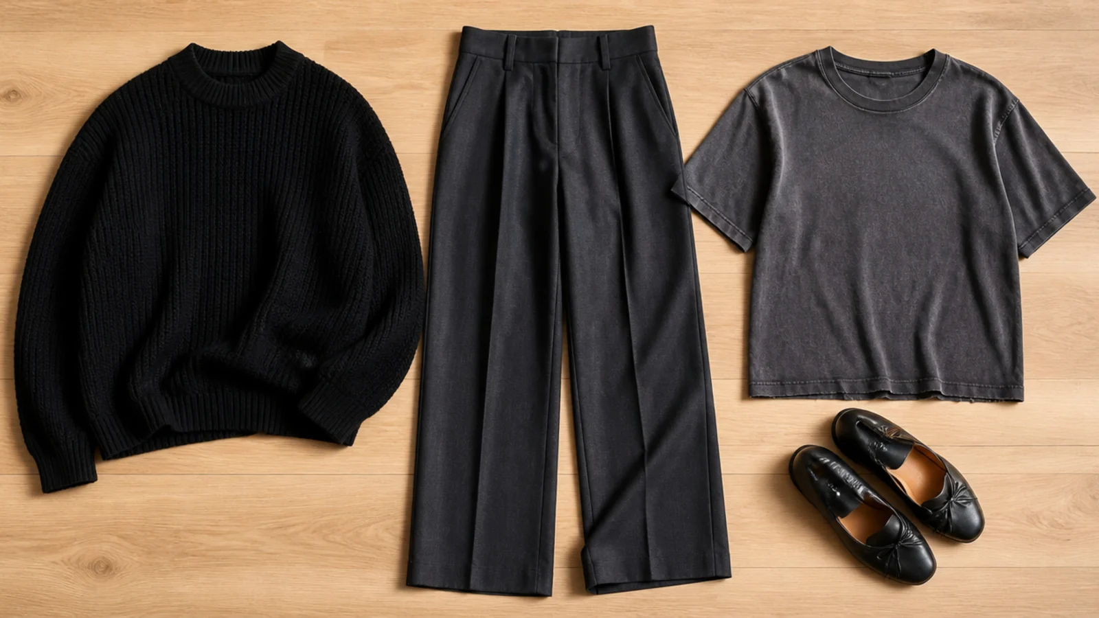 Faceless flat-lay of a jet black knit, a charcoal trouser and a faded gray-black tee side by side
