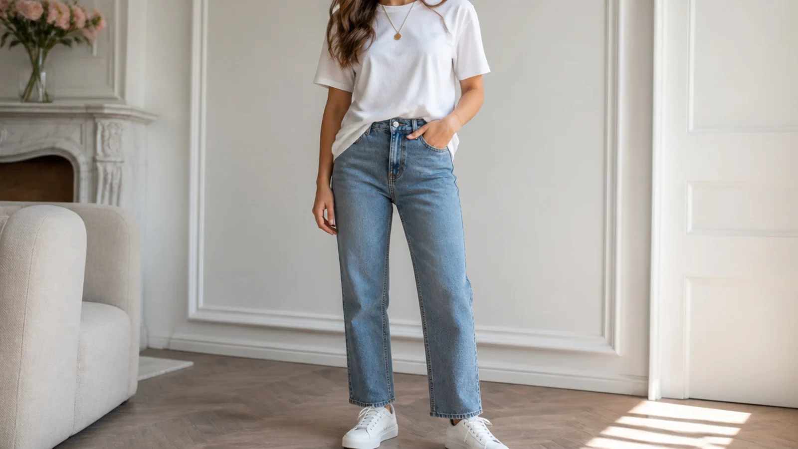 Faceless outfit with a white tee half-tucked into mid-blue high-rise straight-leg jeans and white sneakers