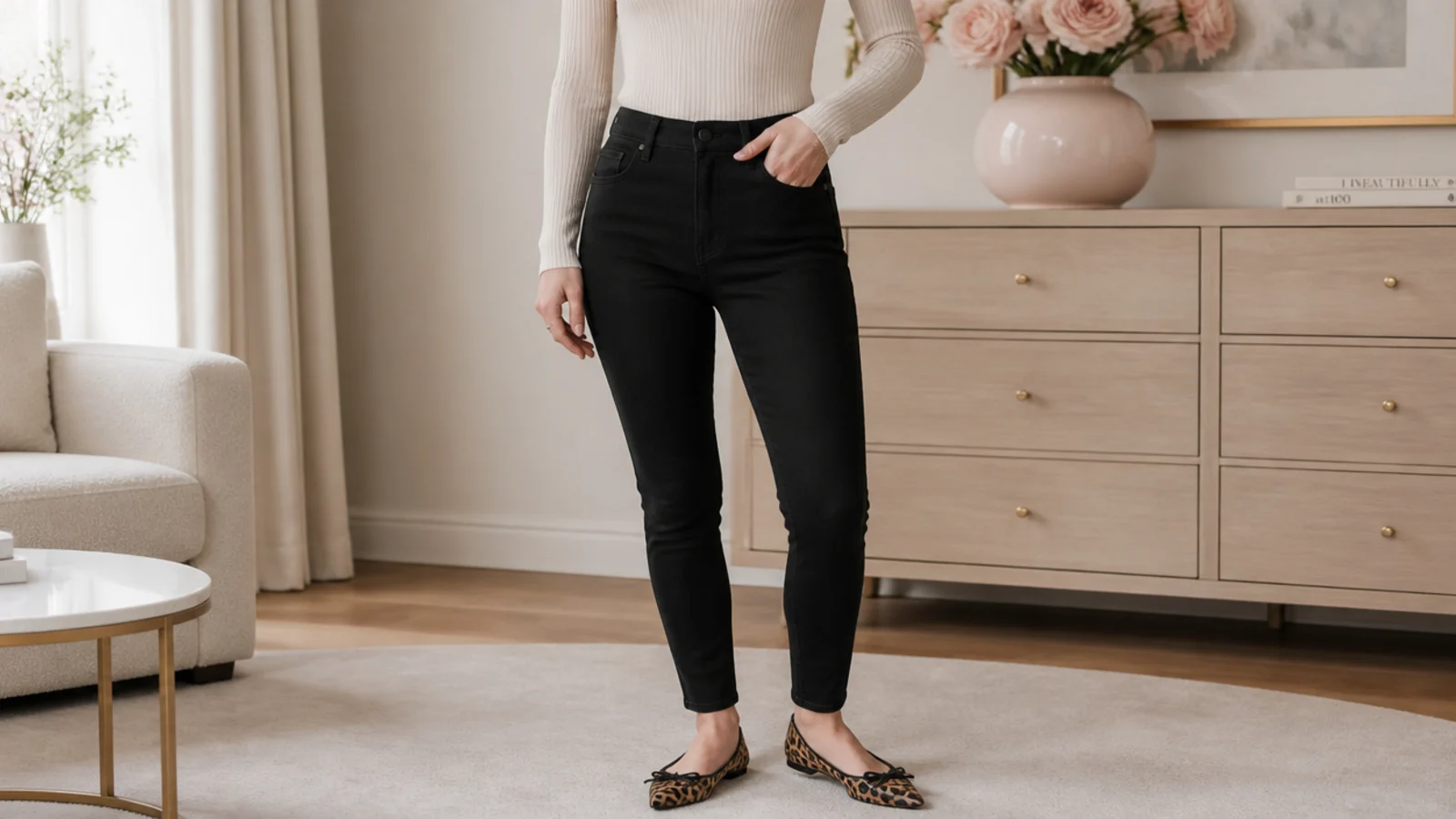 Faceless outfit with a fitted ribbed top fully tucked into black high-rise skinny jeans and pointed flats