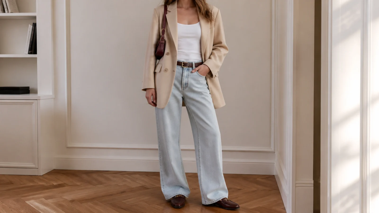 Faceless outfit with a structured blazer over a white tank and light-wash baggy jeans with loafers
