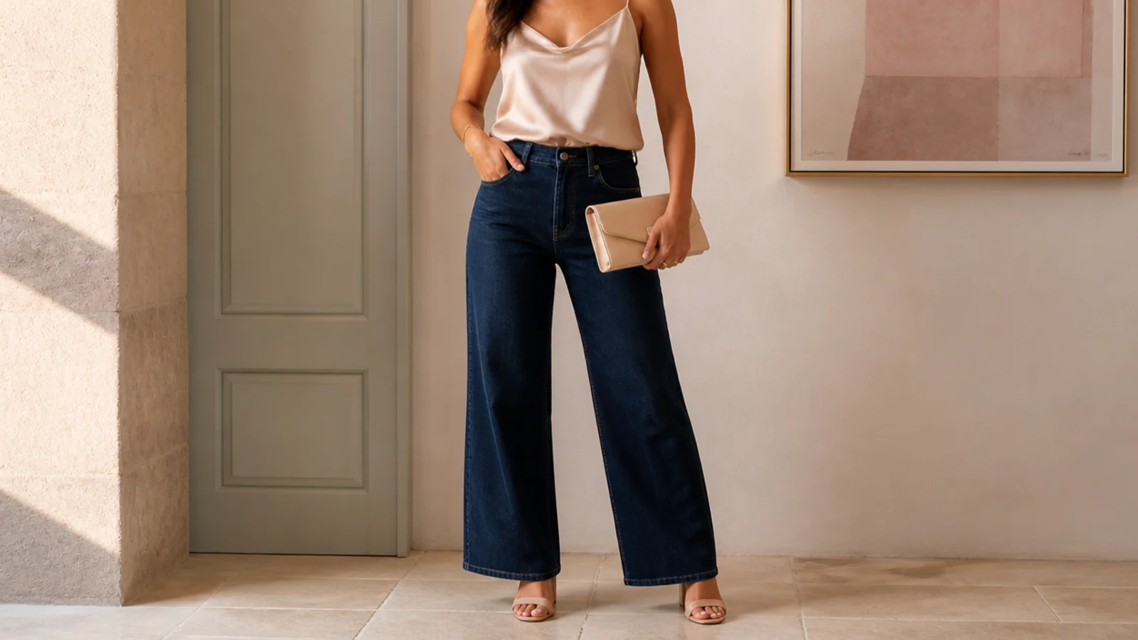 Faceless outfit with a silk cami tucked into dark-wash wide-leg jeans with block heels for evening