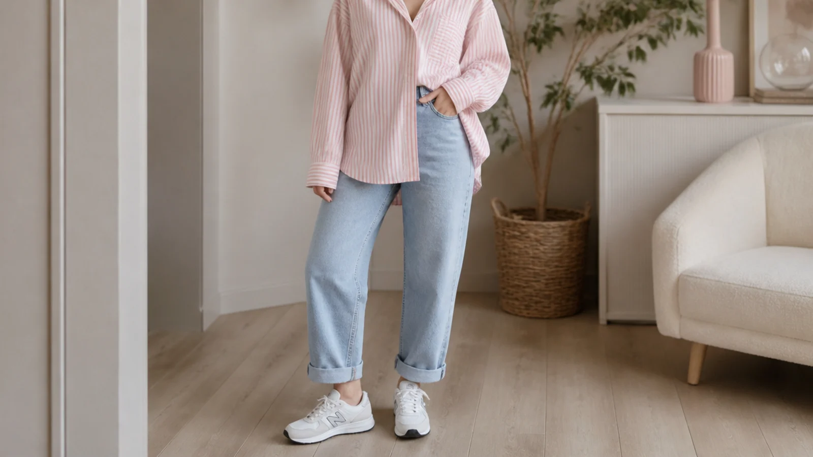Faceless outfit with an oversized striped button-down left untucked over light-wash mom jeans and sneakers