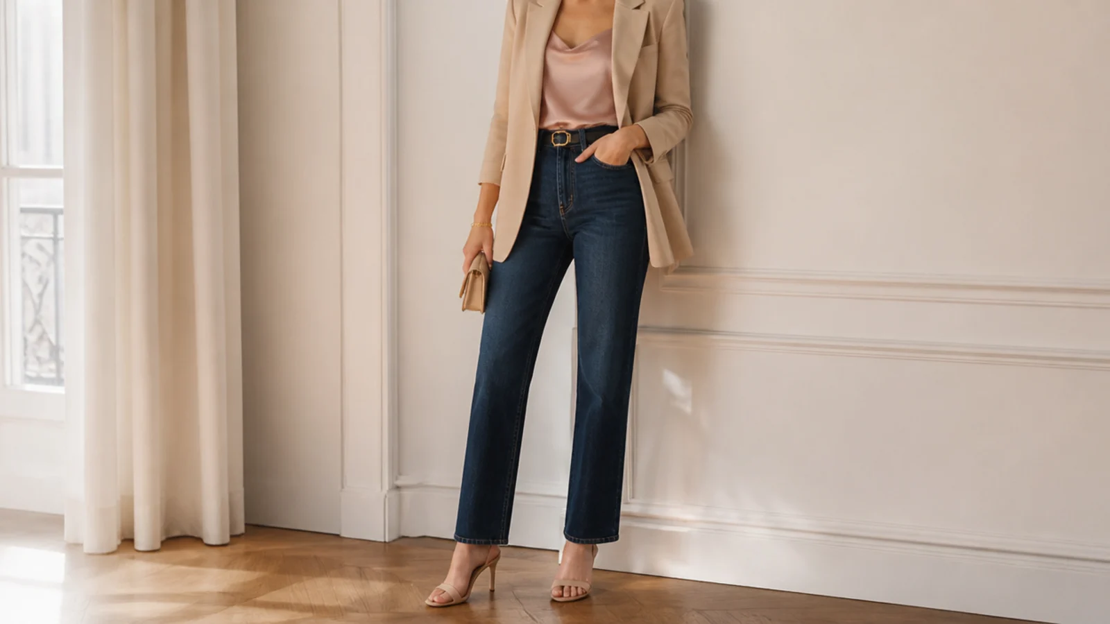 Faceless dressy outfit with a dark-wash straight-leg jean, silk cami, blazer and heels