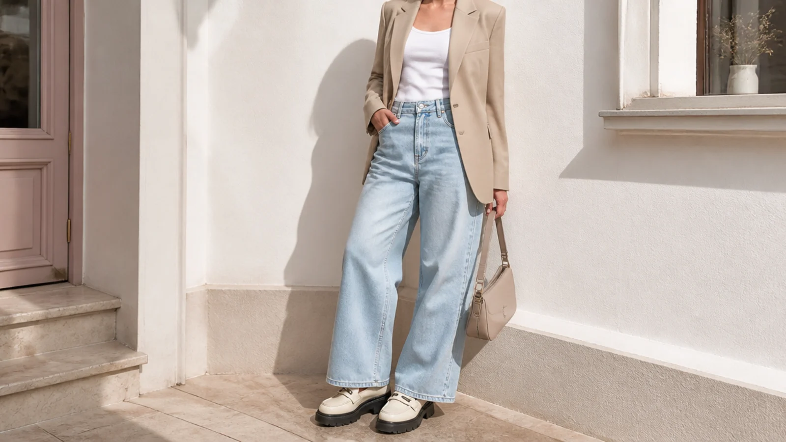 Faceless outfit with light-wash baggy jeans, a tucked tank, a structured blazer and chunky loafers