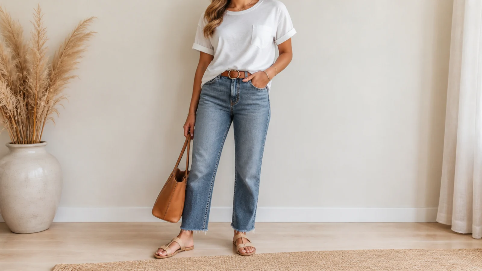 Faceless jeans outfit with a half-tucked tee, straight-leg denim and a tan leather belt