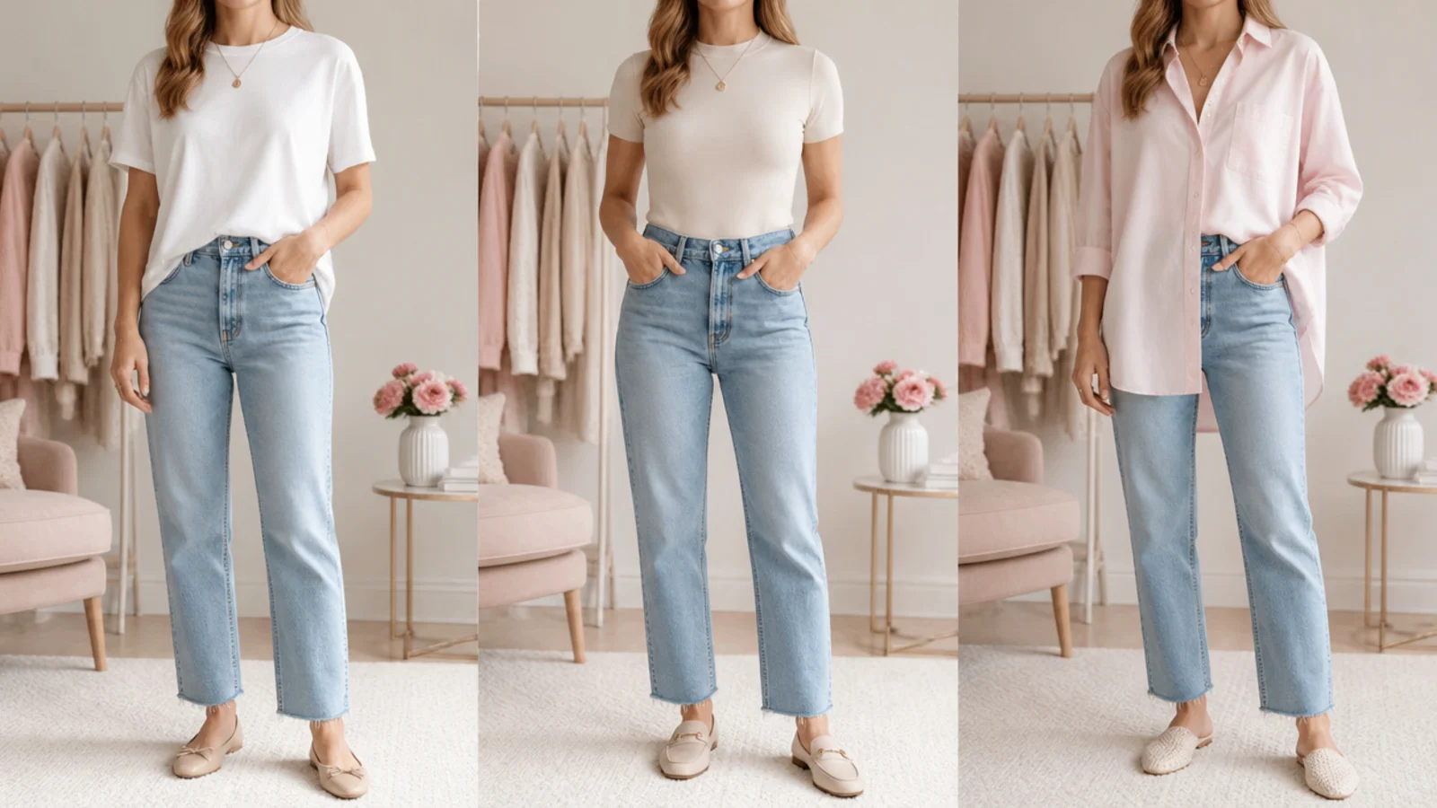 Faceless comparison of a half-tucked tee, a fully tucked fitted top and an untucked oversized shirt with jeans