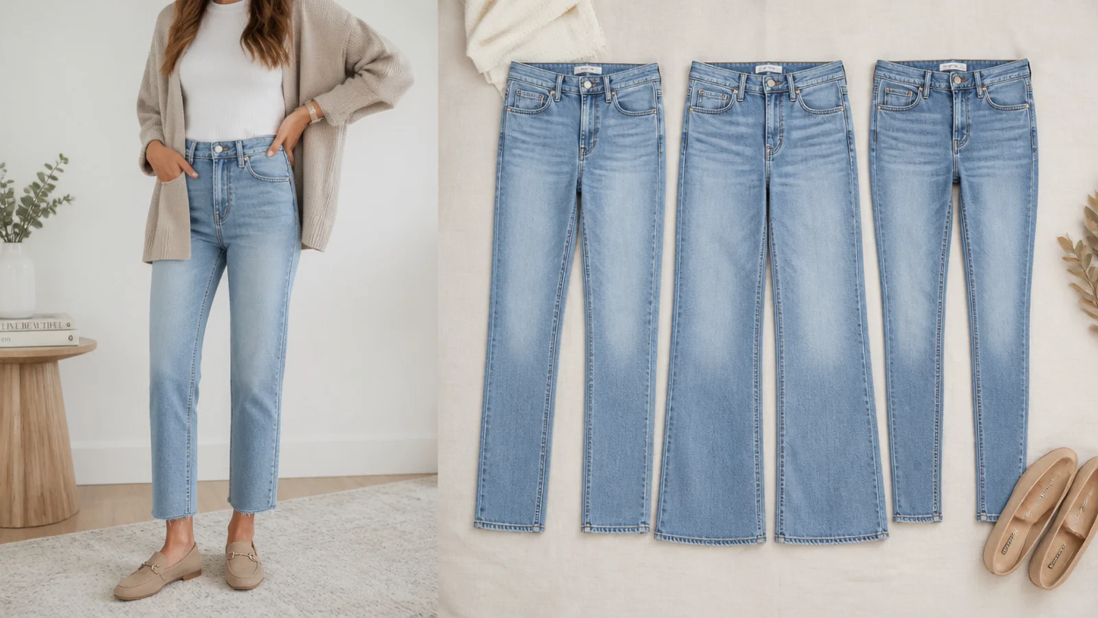 Faceless flat-lay comparing straight-leg, wide-leg and skinny jeans laid side by side