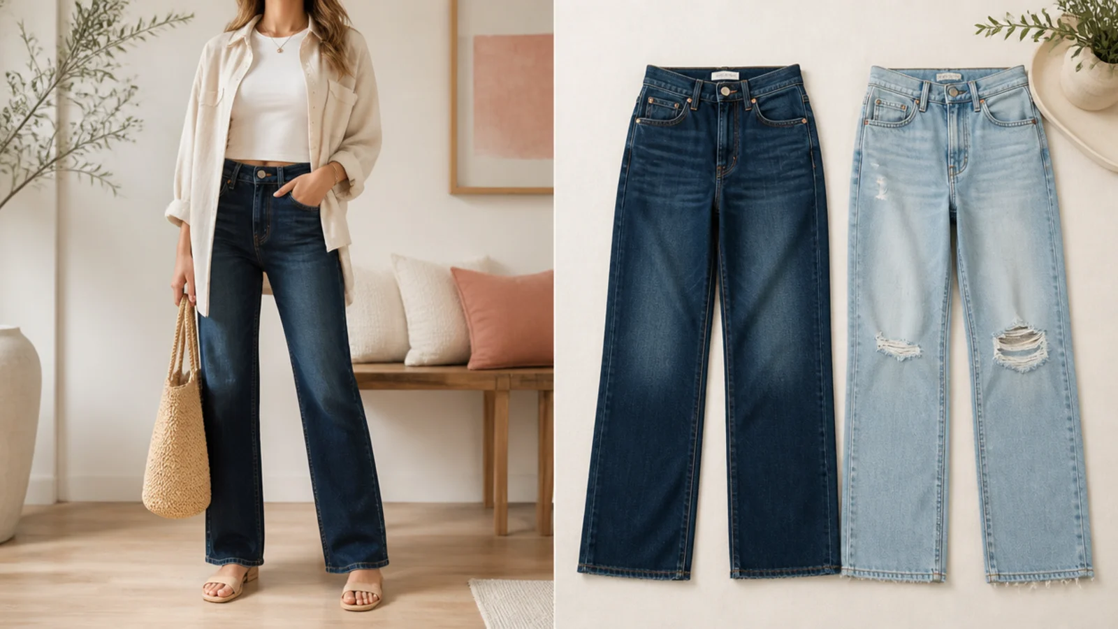 Faceless flat-lay of a dark indigo jean beside a light-wash distressed jean