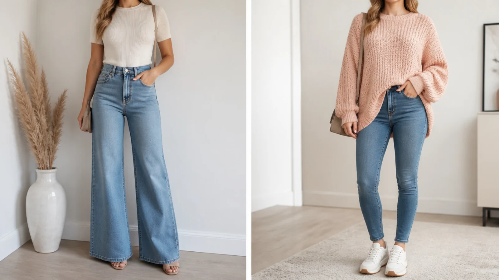 Faceless outfit showing a fitted top with wide-leg jeans and an oversized knit with skinny jeans