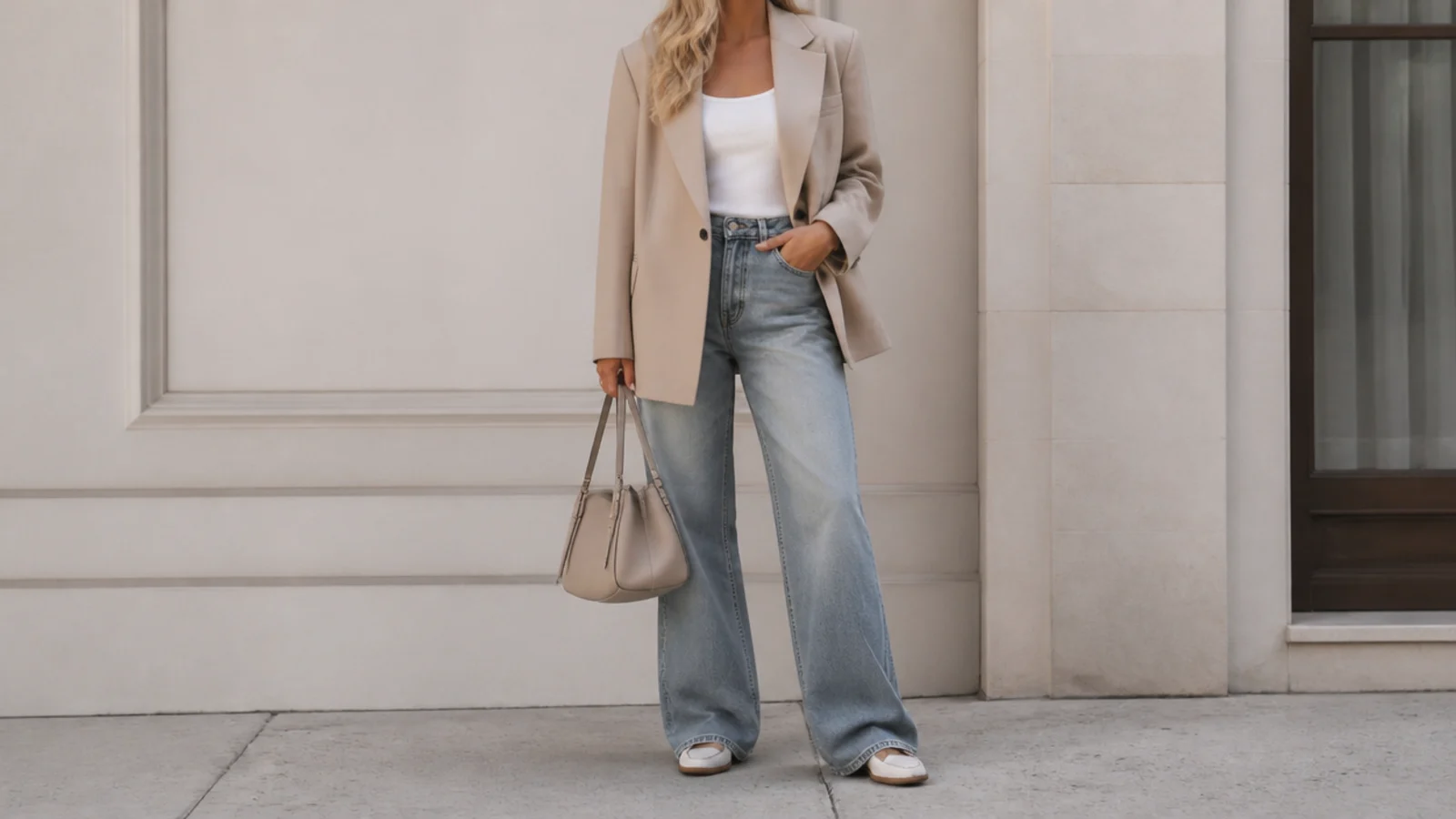 Faceless outfit showing a blazer layered over a tank and baggy jeans