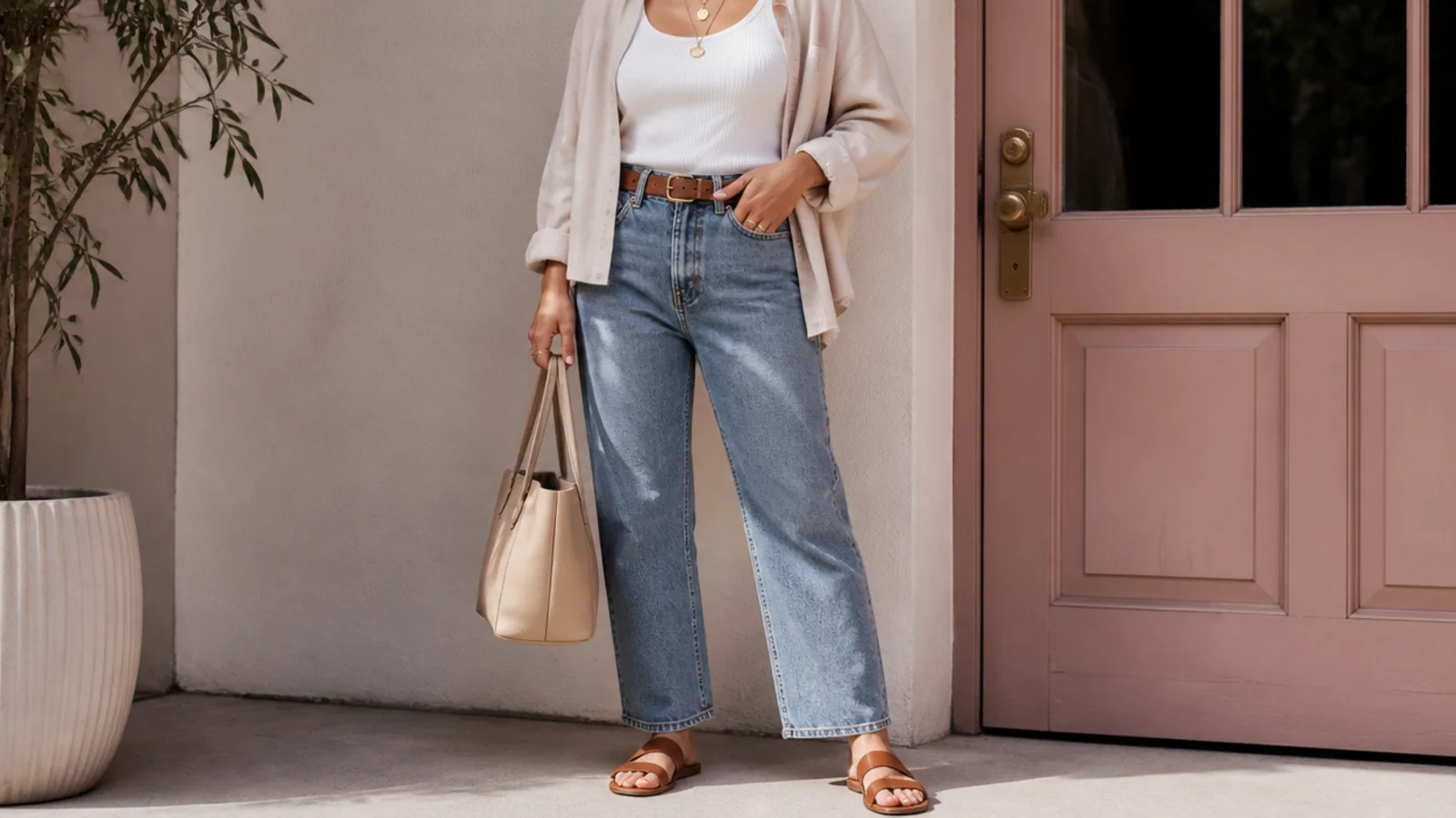 Faceless close-up of a tan leather belt threaded through high-rise jeans with a gold necklace