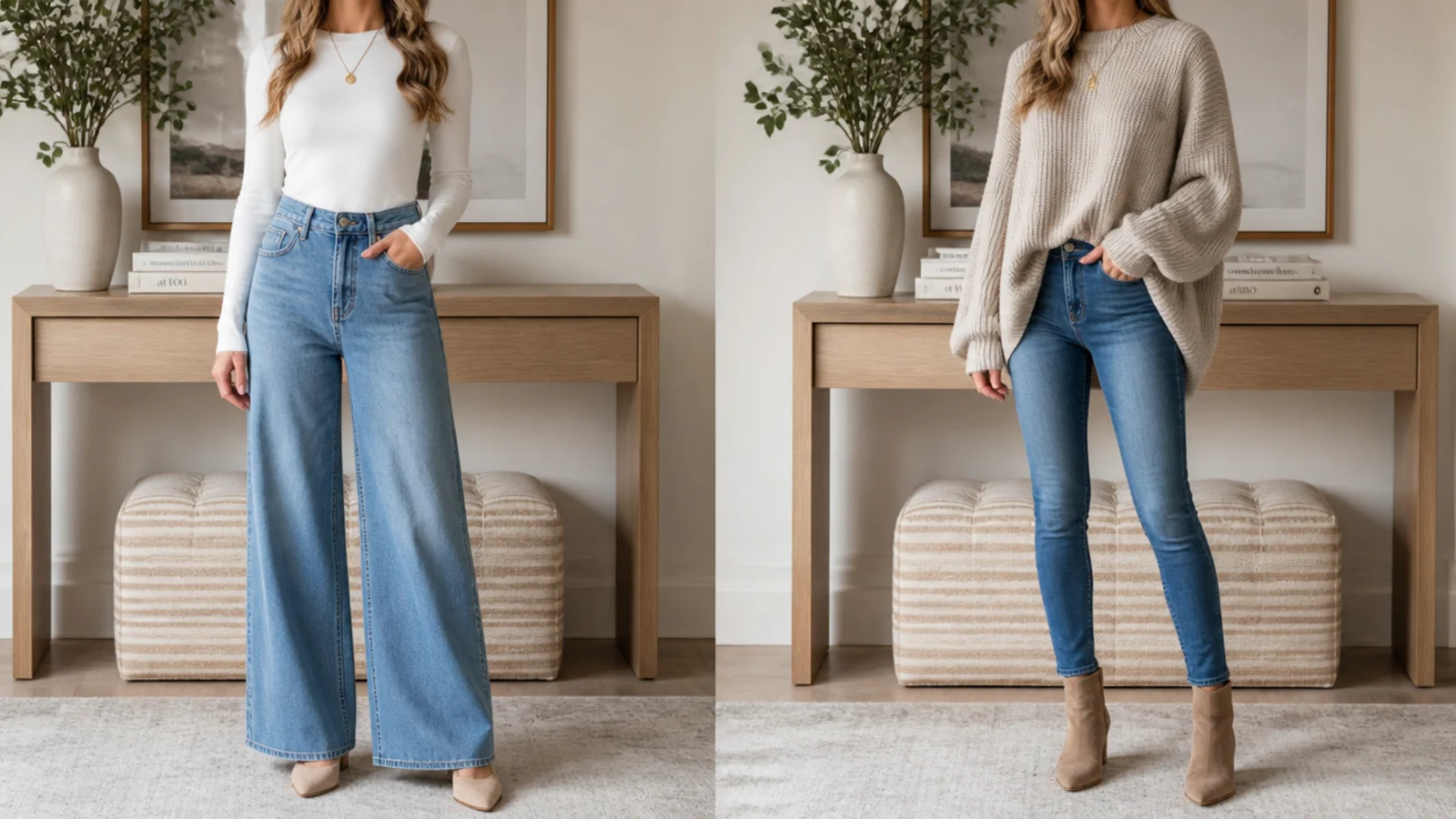 Faceless comparison showing a fitted top with wide-leg jeans and an oversized knit with skinny jeans