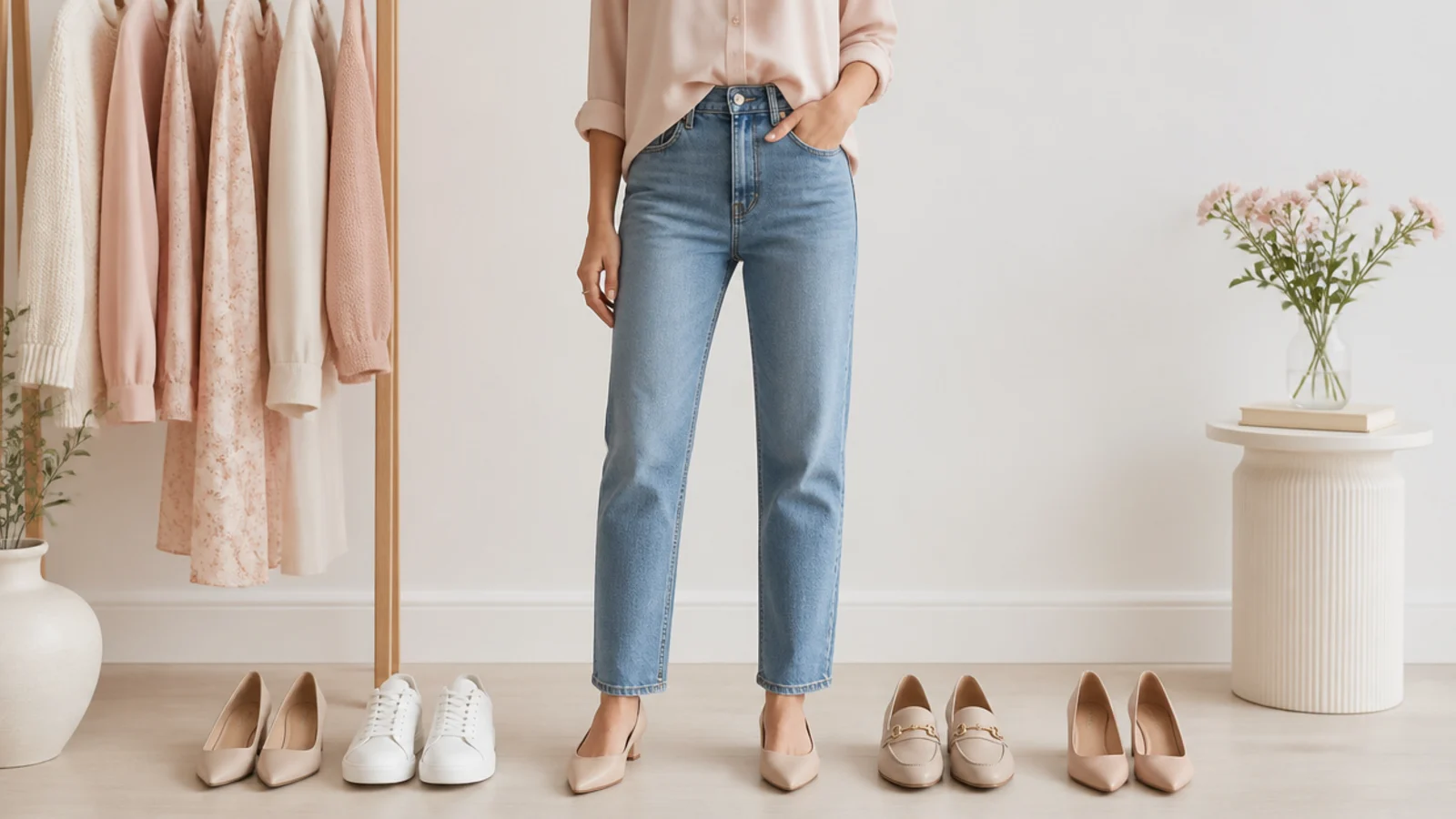 Faceless flat-lay of pointed flats, white sneakers, loafers and block heels beside straight-leg jeans