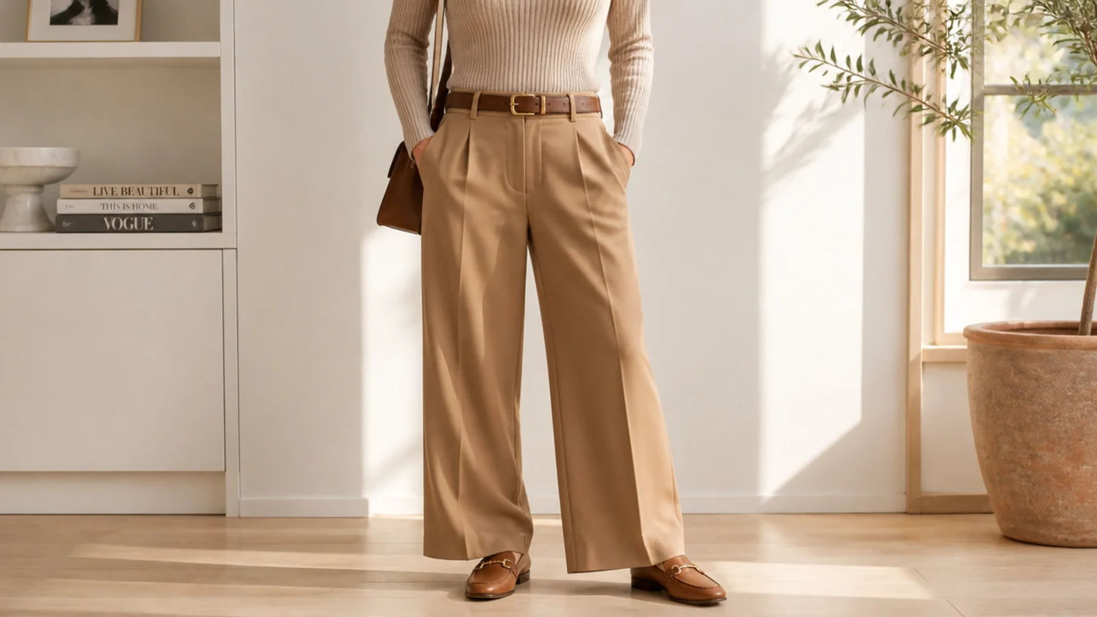 Faceless outfit with an oatmeal ribbed knit tucked into camel wide-leg trousers with tan loafers