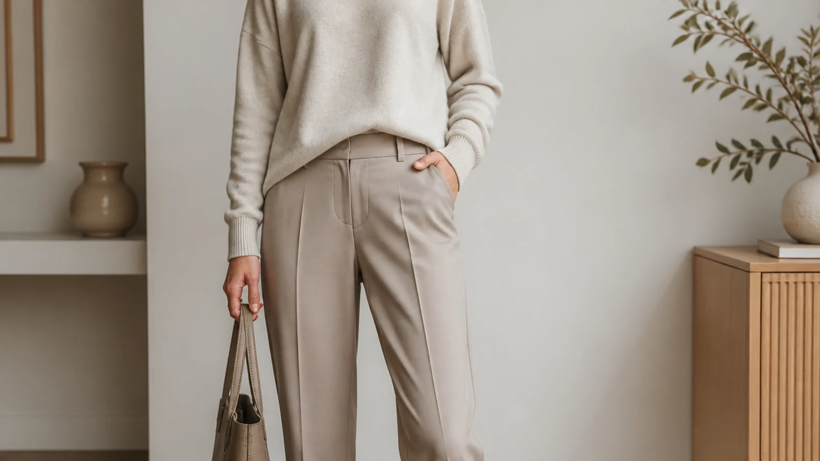 Faceless outfit with a stone crewneck and greige tailored trousers with white leather sneakers