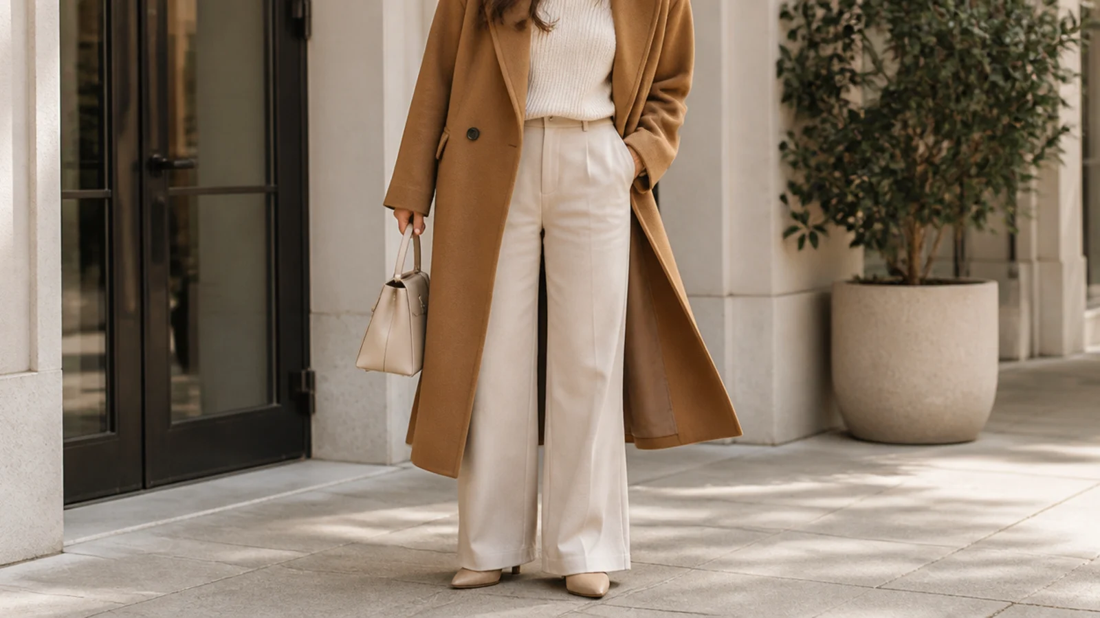Faceless outfit with a mostly greige and cream base topped by a warm camel wool coat