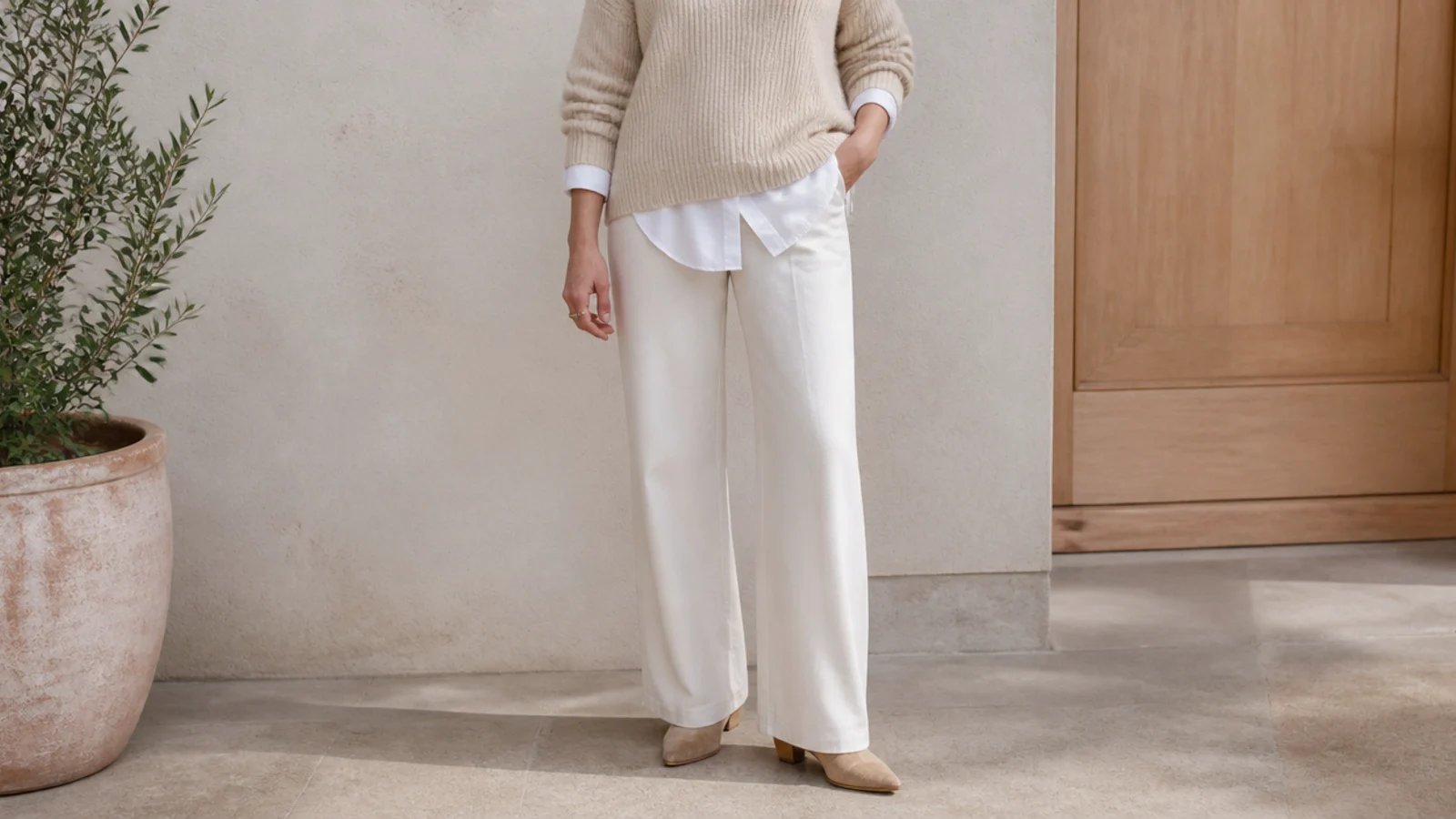 Faceless outfit layering a ribbed cream knit over a crisp white poplin shirt with tan suede boots