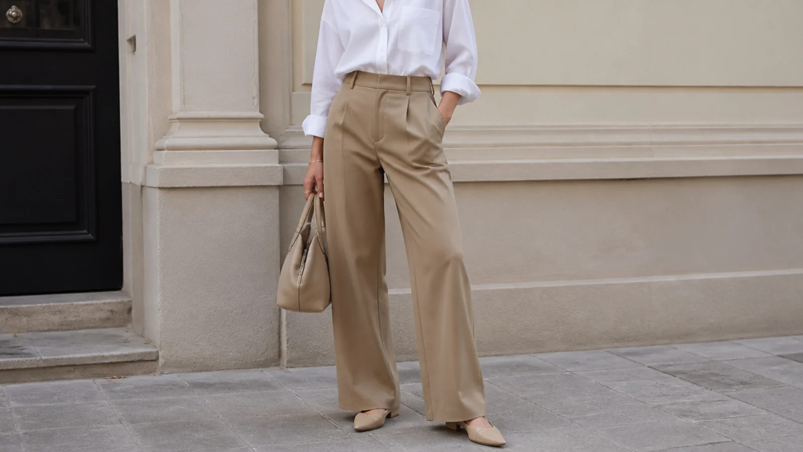 Faceless outfit keeping a crisp white shirt near the face above camel trousers to avoid washout