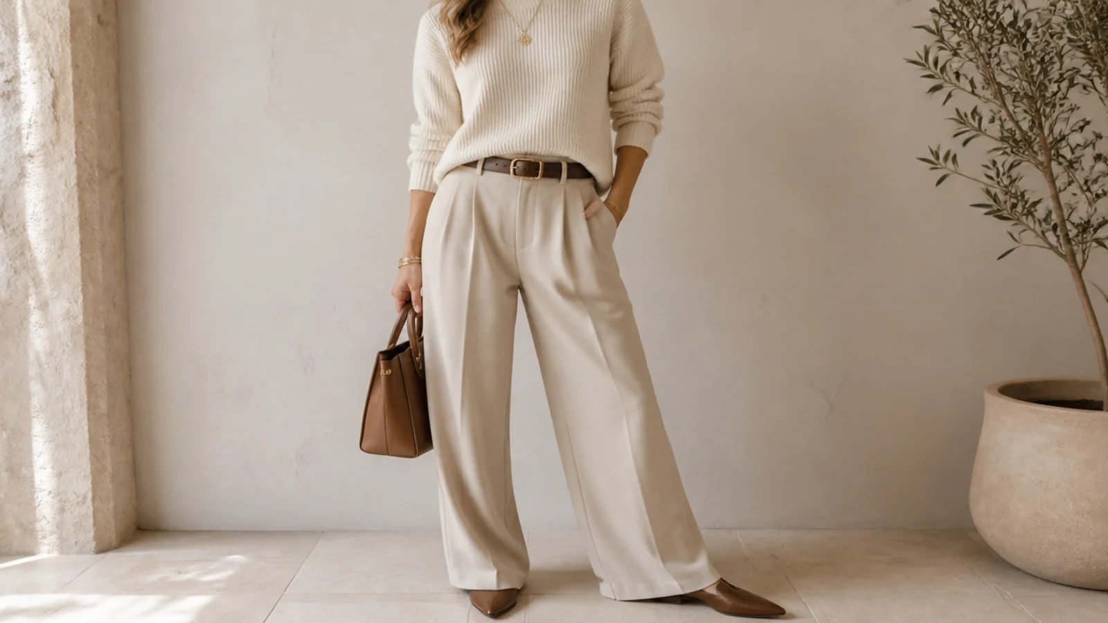 Faceless outfit with a pale ecru knit and sand trousers grounded by a brown leather belt and gold jewelry