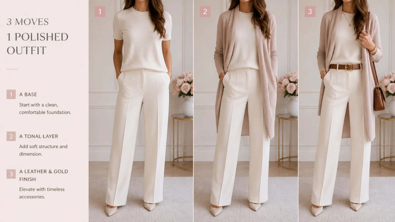 Faceless outfit showing a base, a tonal layer and a leather-and-gold finish built in three moves
