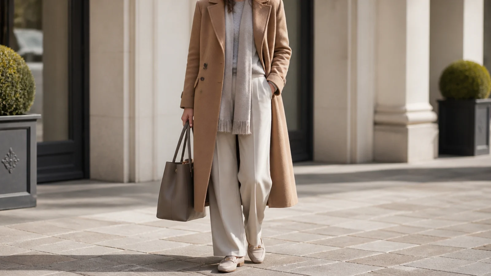 Faceless outfit mixing a warm camel coat over a cool greige and stone base in a 70/30 balance