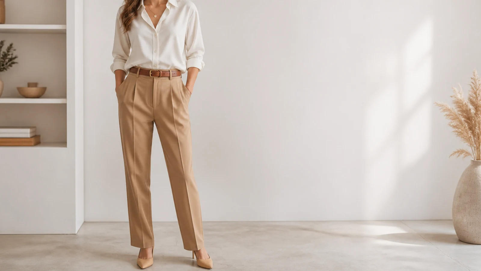 Faceless neutral outfit with a cream poplin shirt, camel trousers and a tan leather belt