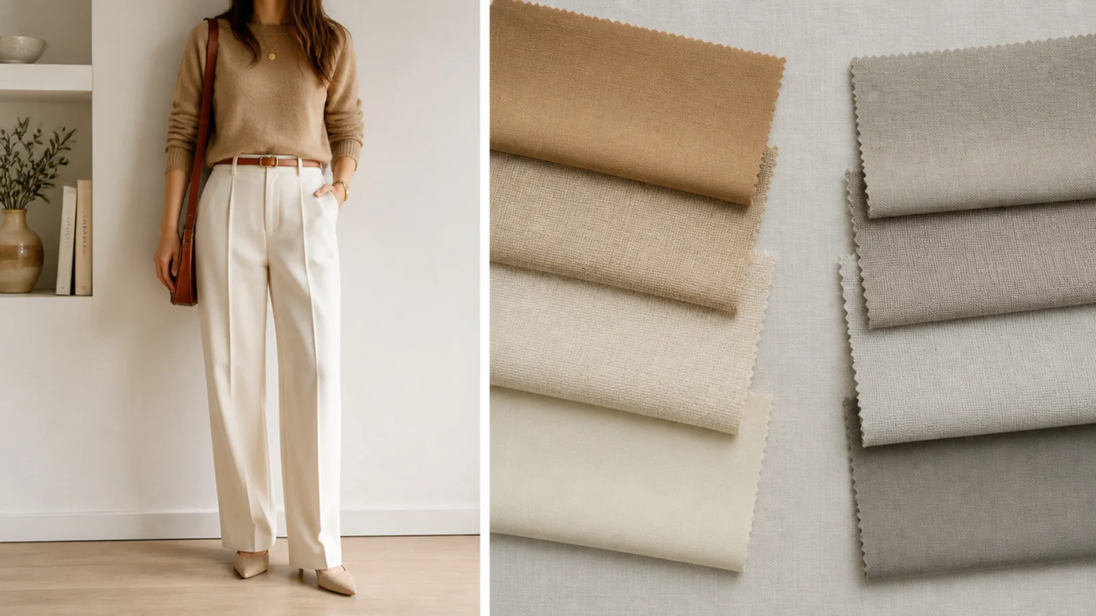 Faceless flat-lay of warm camel, sand and ecru swatches beside cool greige, taupe and stone swatches